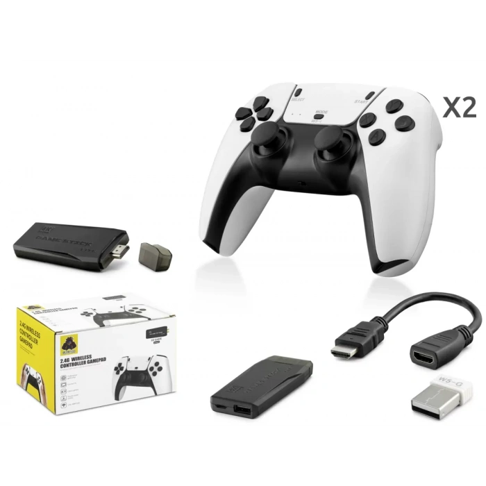 Retro Oyun Stick Hdmi Çift Gamepad Seti 2.4G Kablosuz - Beyaz HD331