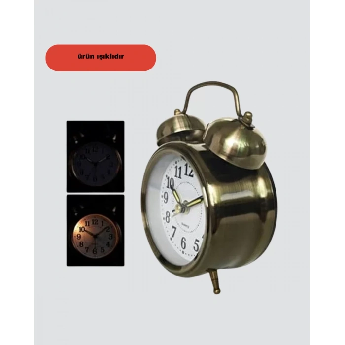 Retro Tarz Bronz Dekoratif Masa Saati Metal Gövde Yüksek Sesli Alarm