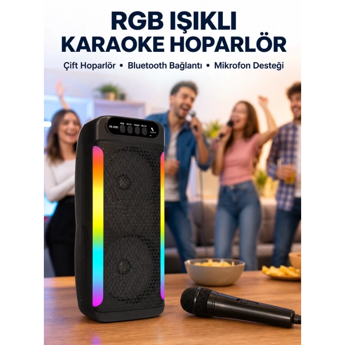 RGB Işıklı Çift Hoparlörlü Taşınabilir Bluetooth Speaker ve Mikrofon Yeni Nesil
