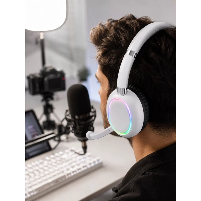 RGB Işıklı Mikrofonlu Bluetooth Kulaklık Beyaz Over-Ear Tasarım Type-C Şarjlı