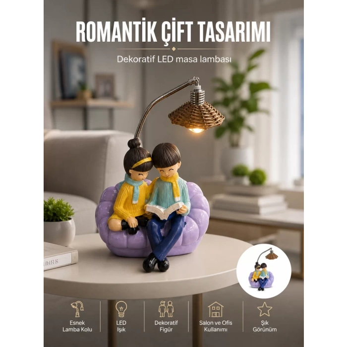 Romantik Çift Figürlü Okuyan Çift Masa Lambası Dekoratif LED Aydınlatma