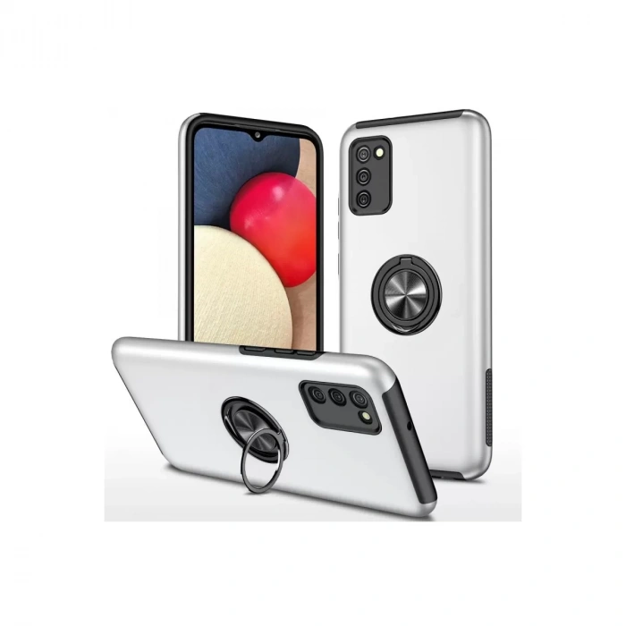 Samsung Galaxy A02s Kılıf Elit Yüzüklü Kapak - Gümüş