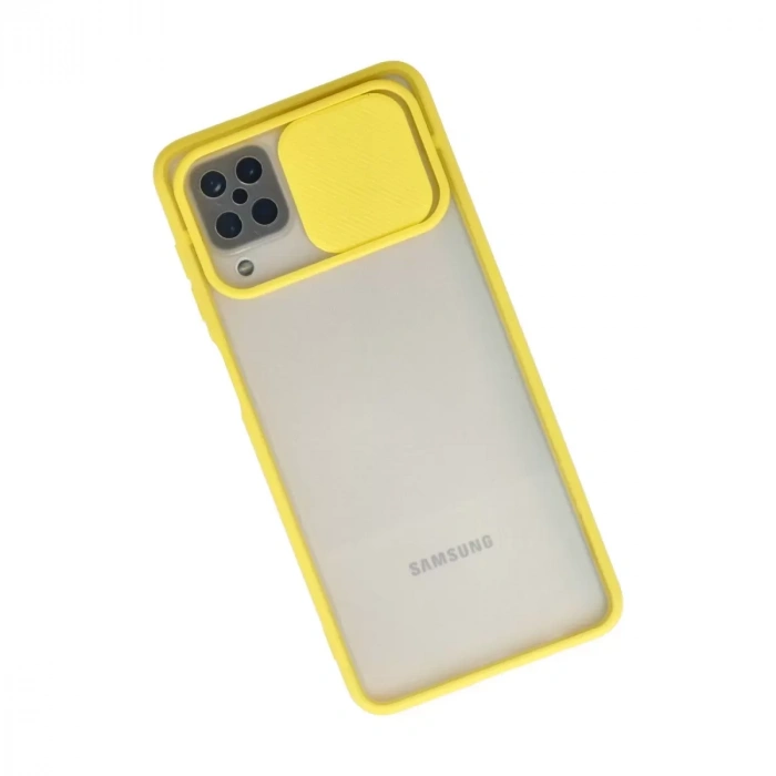 Samsung Galaxy A12 Kılıf Palm Buzlu Kamera Sürgülü Silikon - Sarı
