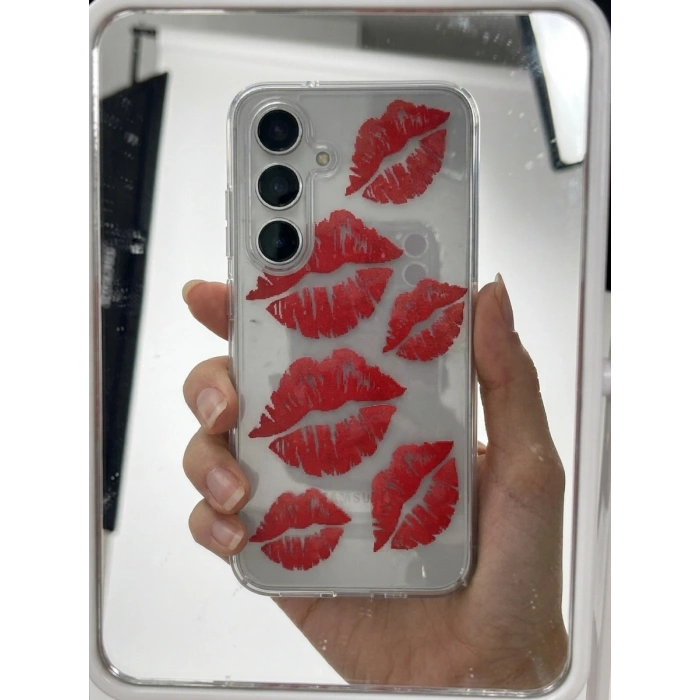 Samsung Galaxy S24 FE Kırmızı Dudak / Öpücük Desenli Şeffaf Telefon Kılıfı