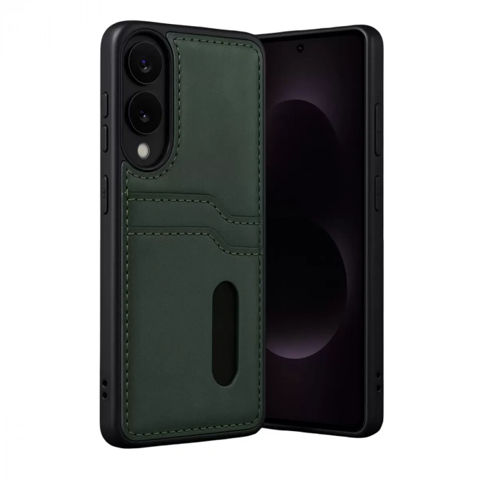 Samsung Galaxy S25 Edge Sara Kartvizitli Deri Kılıf - Koyu Yeşil
