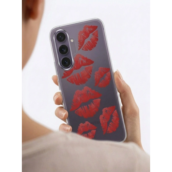 Samsung S25 FE Kırmızı Dudak / Öpücük Desenli Şeffaf Telefon Kılıfı