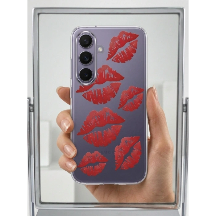 Samsung S25 Kırmızı Dudak / Öpücük Desenli Şeffaf Telefon Kılıfı