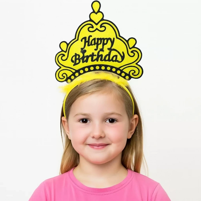 Sarı Happy Birthday Prenses Tacı – Doğum Günü Taç Aksesuarı