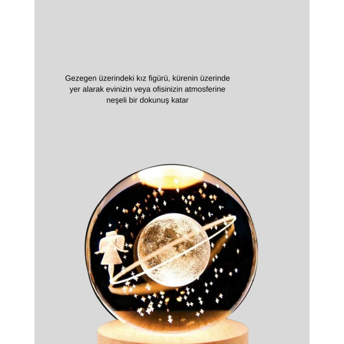 Sarı Işıklı Dekoratif Cam Küre Kız Figürlü Ahşap Standlı