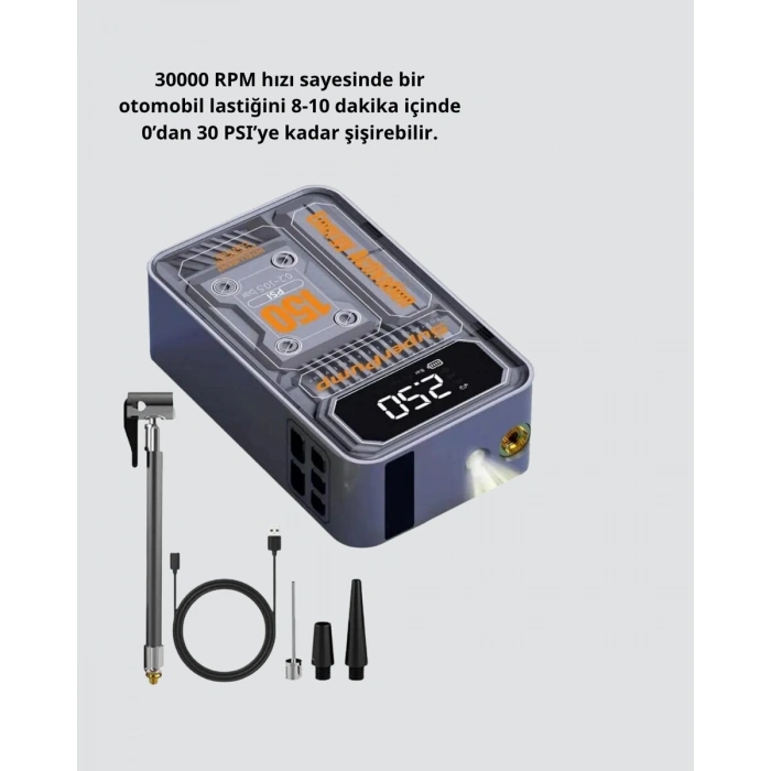Şarjlı Kablosuz Hava Pompası – 150 PSI Basınç LED Ekran ve 6000mAh Batarya