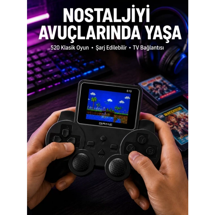 Şarjlı Retro Gamepad Oyun Konsolu 520 Oyunlu TV Çıkışlı El Konsolu