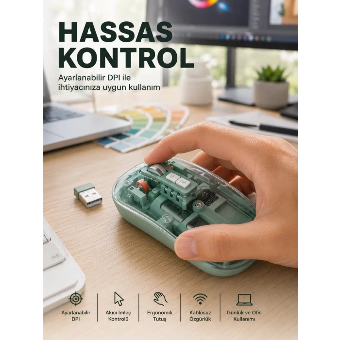 Şeffaf Tasarımlı Bluetooth Kablosuz Mouse Pilli Kullanım Yeni Nesil