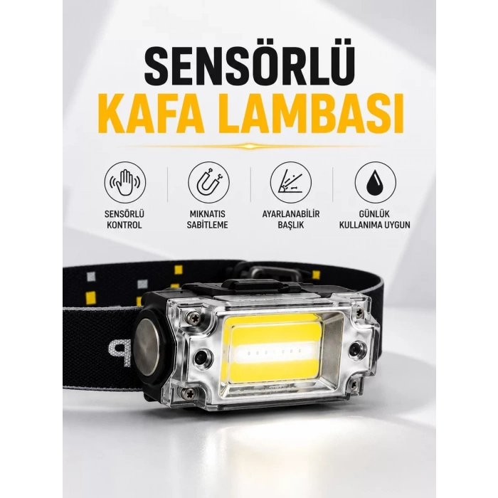 Sensör Kontrollü Şarjlı Beyaz LED Kafa Lambası ve El Feneri