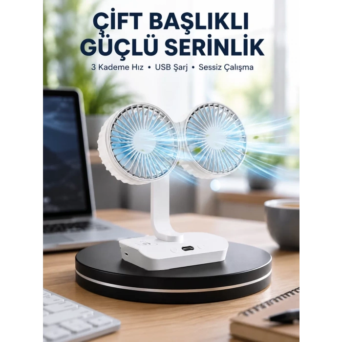 Sessiz Çalışan USB Şarjlı Çift Kafalı Masaüstü Fan – Ev ve Ofis İçin