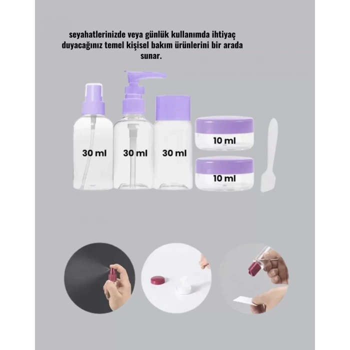 Seyahat Bakım Seti 5 Parça Sızdırmaz Şeffaf Kapaklı 30ml Yeni Nesil