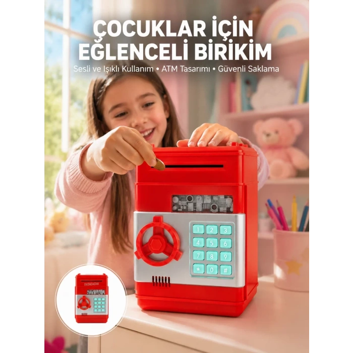 Şifreli Kırmızı ATM Tasarımlı Çelik Kasa Görünümlü Kumbara
