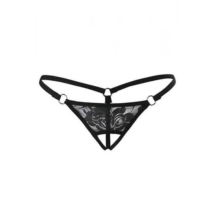 Siyah Dantelli Özel Bölgesi Açık G-String TM1167