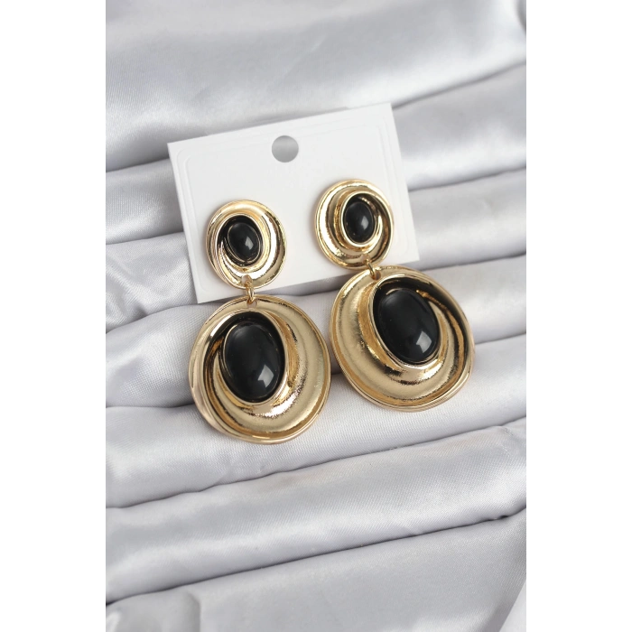 Siyah Sallantılı Damla Model Gold Renk Vintage Kadın Küpe 5886