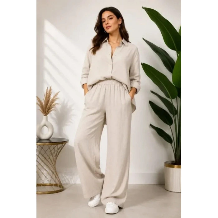 Sofya Keten Gömlek Pantolon Alt Üst Takım Uzun Kollu - Krem