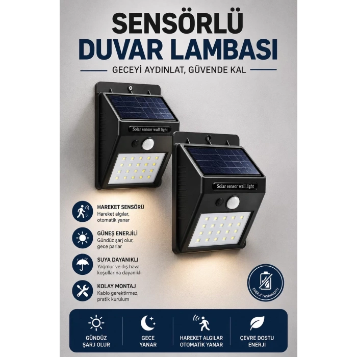 Solar Sensörlü Duvar Lambası Bahçe Lamba 20 Led Işık