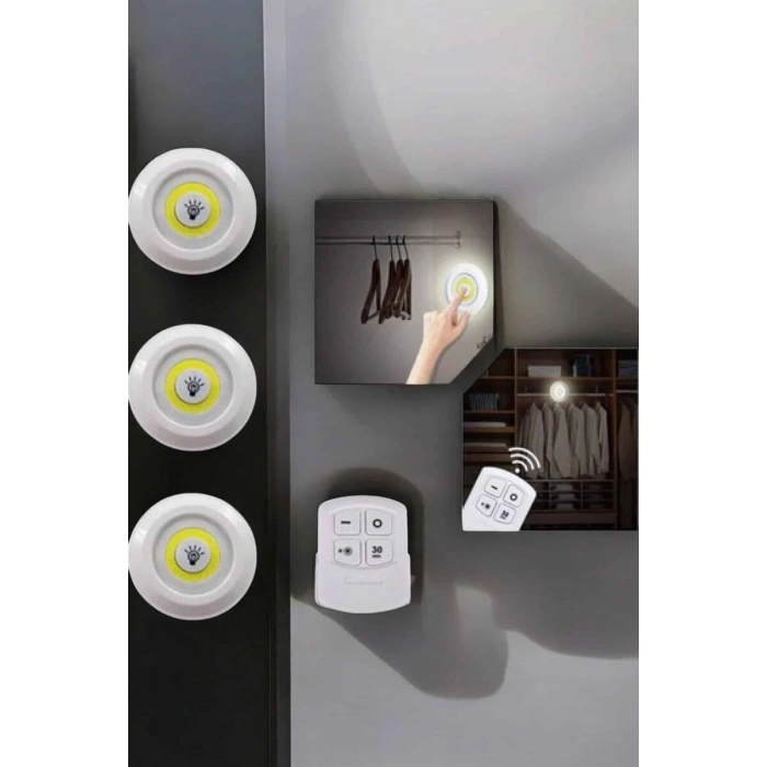 Spot Lamba Led Işık 3lü Uzaktan Kumandalı Pilli Yapışkanlı Kablosuz