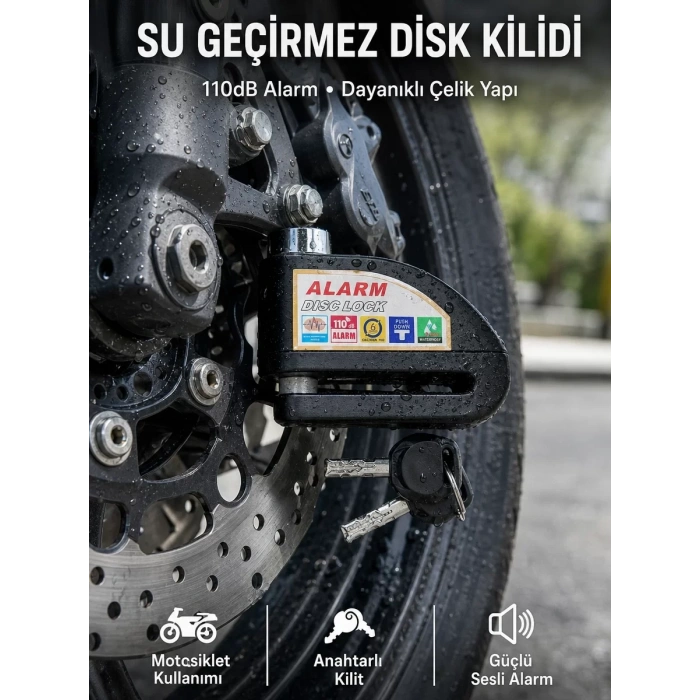 Suya Dayanıklı 110dB Alarmlı Çelik Disk Kilidi Yeni Nesil