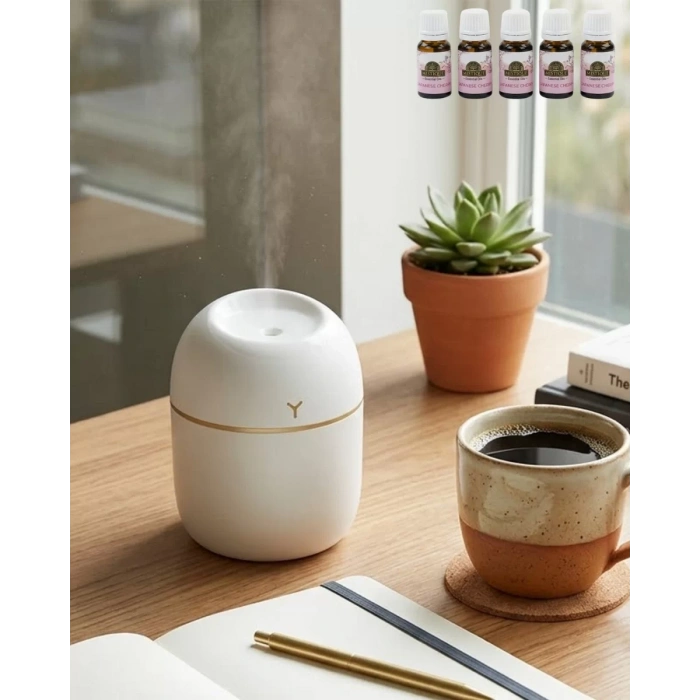 Taşınabilir Mini Nemlendirici 5 Esans Hediyeli Sessiz LED Işıklı Difüzör
