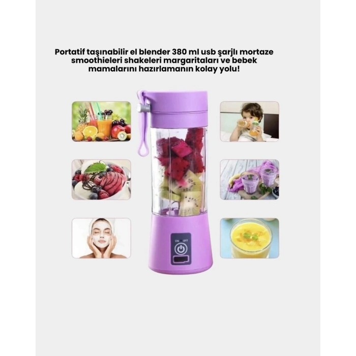 Taşınabilir USB Şarjlı Mini Smoothie Blender 380ml Çelik Bıçaklı Portatif