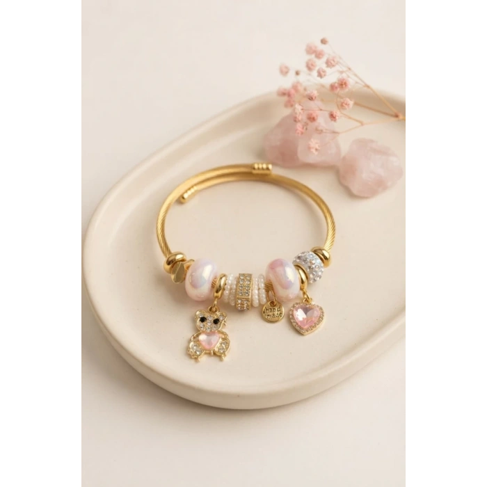 Tedy Bear Model Gold Renk Pembe Charmlı Bileklik TJ-BB8662