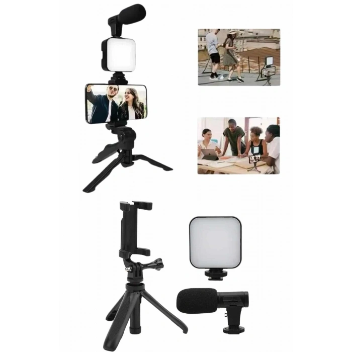 Telefon Tutucu Mini Mikrofonlu Tripod Vlog Çekim Video