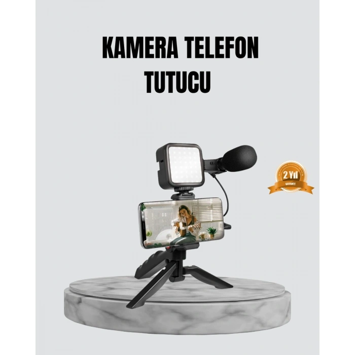 Telefon Video Çekim Kiti LED Aydınlatma Mikrofon Tripodlu Tam Set