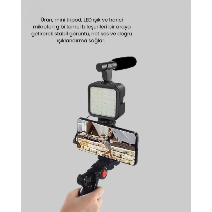 Telefon Video Çekim Kiti LED Aydınlatma Mikrofon Tripodlu Tam Set