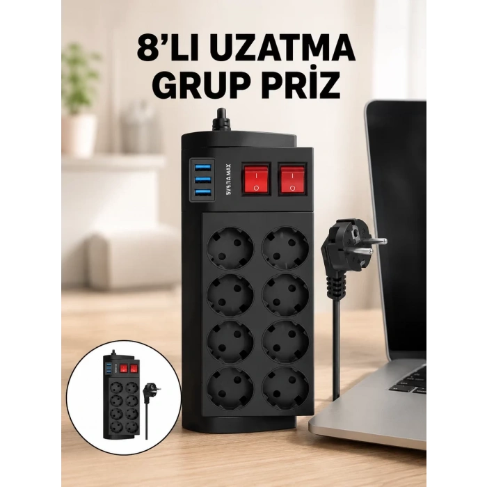 Termal Korumalı 8 Prizli 3 USB’li Uzatma Kablosu Yeni Nesil