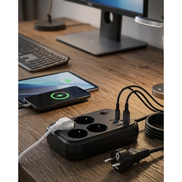 Termal Korumalı Uzatma Kablosu 4 Priz USB ve Type C Çoklu Şarj İstasyonu