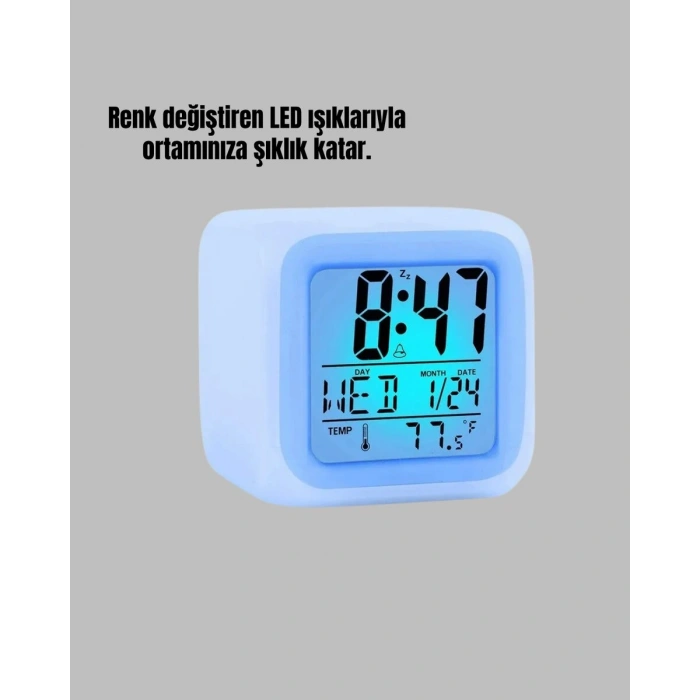 Termometre ve Takvim Özellikli 7 Renk Değiştiren Küp Alarm Saati