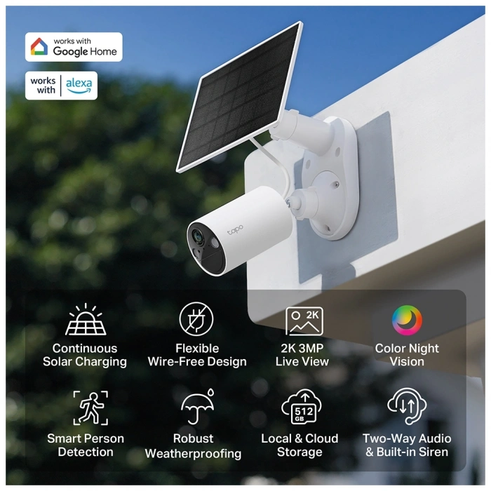 TP-LINK Tapo TC82 KIT (C410 KIT) 2K 30Mpix Dış Mekan IP65 WiFi 9Mt. Renkli Gece Görüşü İki Yönlü Ses Güneş Enerjili Güvenlik Kamerası Kiti(1923)