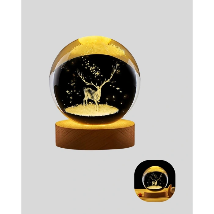 USB Bağlantılı Geyik Temalı Kristal Küre Premium Masa Gece Lambası