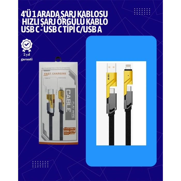 USB-C ve Lightning Uyumlu 4ü 1 Arada Kablo – 65W Hızlı Şarj Örgülü Dayanıklı Yapı