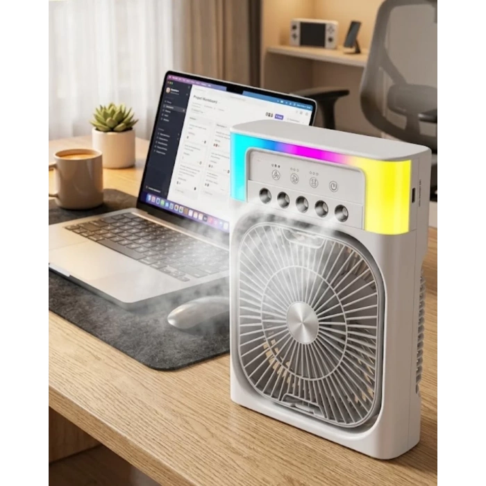USB Şarjlı Masaüstü Soğutucu Fan Su Püskürtmeli Renkli Işıklı
