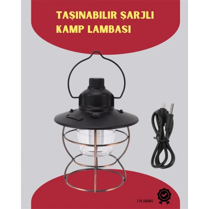 USB Şarjlı Retro LED Kamp Feneri – 4 Işık Modu Su Geçirmez Taşınabilir
