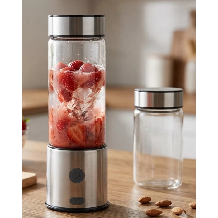 USB Type C Şarjlı Cam Blender 6 Bıçaklı Smoothie ve Shake Blender