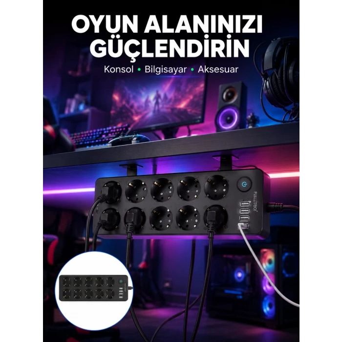 USB ve Type-C Çıkışlı 10lu Akım Korumalı Çoklu Priz Güç Dağıtıcı