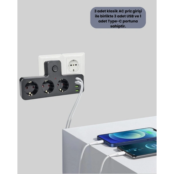 USB ve Type-C Portlu Anahtarlı Çoklu Priz Güç Ünitesi