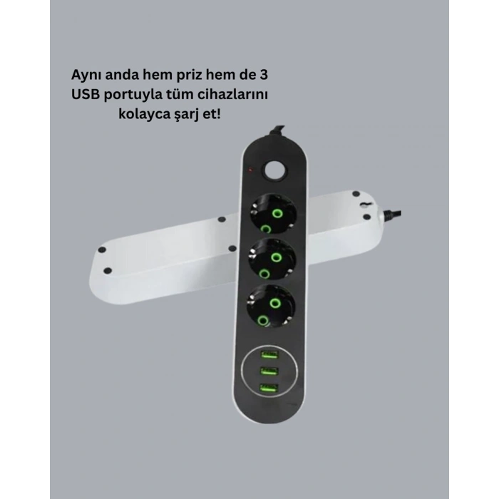 USB Yuvalı Anahtarlı Üçlü Priz 2 Metre Kablolu