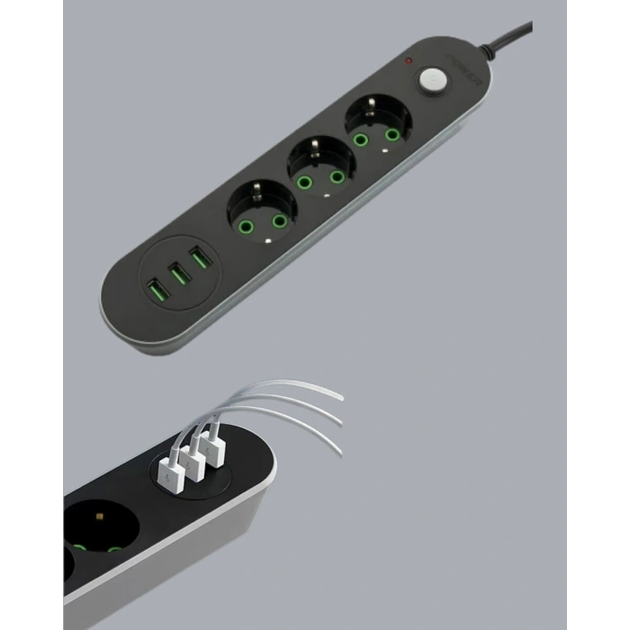 USB Yuvalı Anahtarlı Üçlü Priz 2 Metre Kablolu