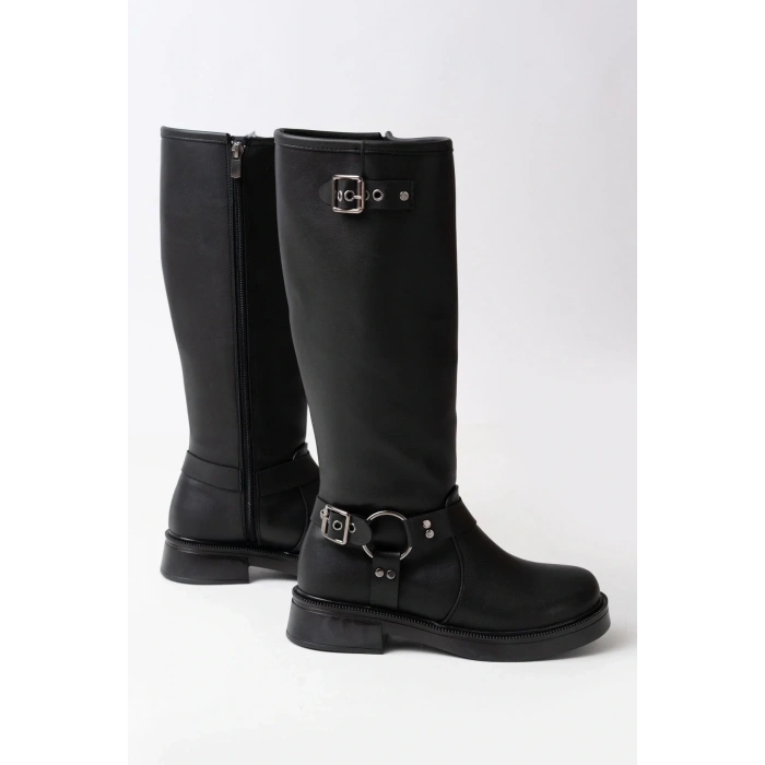 USLUCAN ALIŞVERİŞ 02-312 Siyah Toka Aksesuarlı Fermuarlı Günlük Kadın Çizme