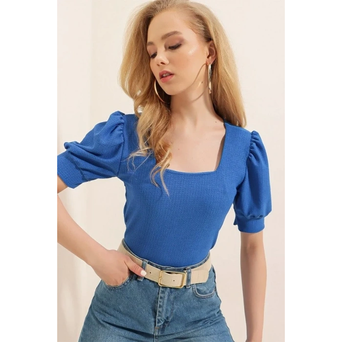 USLUCAN ALIŞVERİŞ 0409 Kare Yaka Örme Bluz - Saks