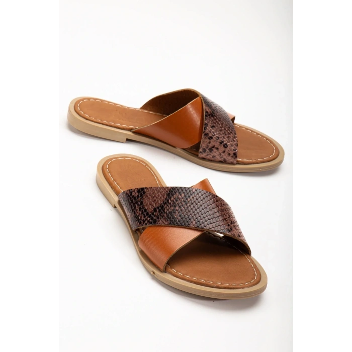 USLUCAN ALIŞVERİŞ 169-076 Taba Ortopedik Hakiki Deri Çapraz Bantlı Kadın Terlik