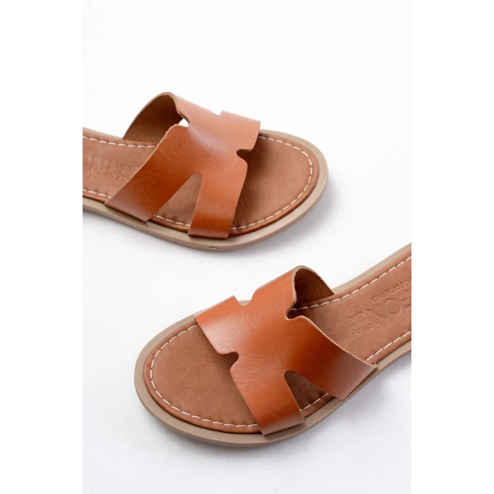 USLUCAN ALIŞVERİŞ 169-6100 Taba Ortopedik Hakiki Deri Kadın Terlik