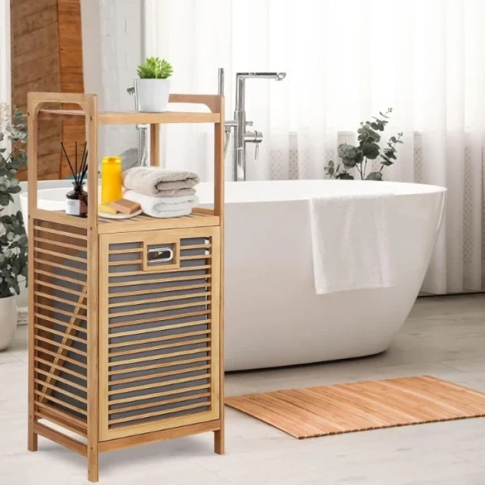 USLUCAN ALIŞVERİŞ 2 Organizer Raflı Ahşap Bambu Çek-Aç Kirli Sepeti